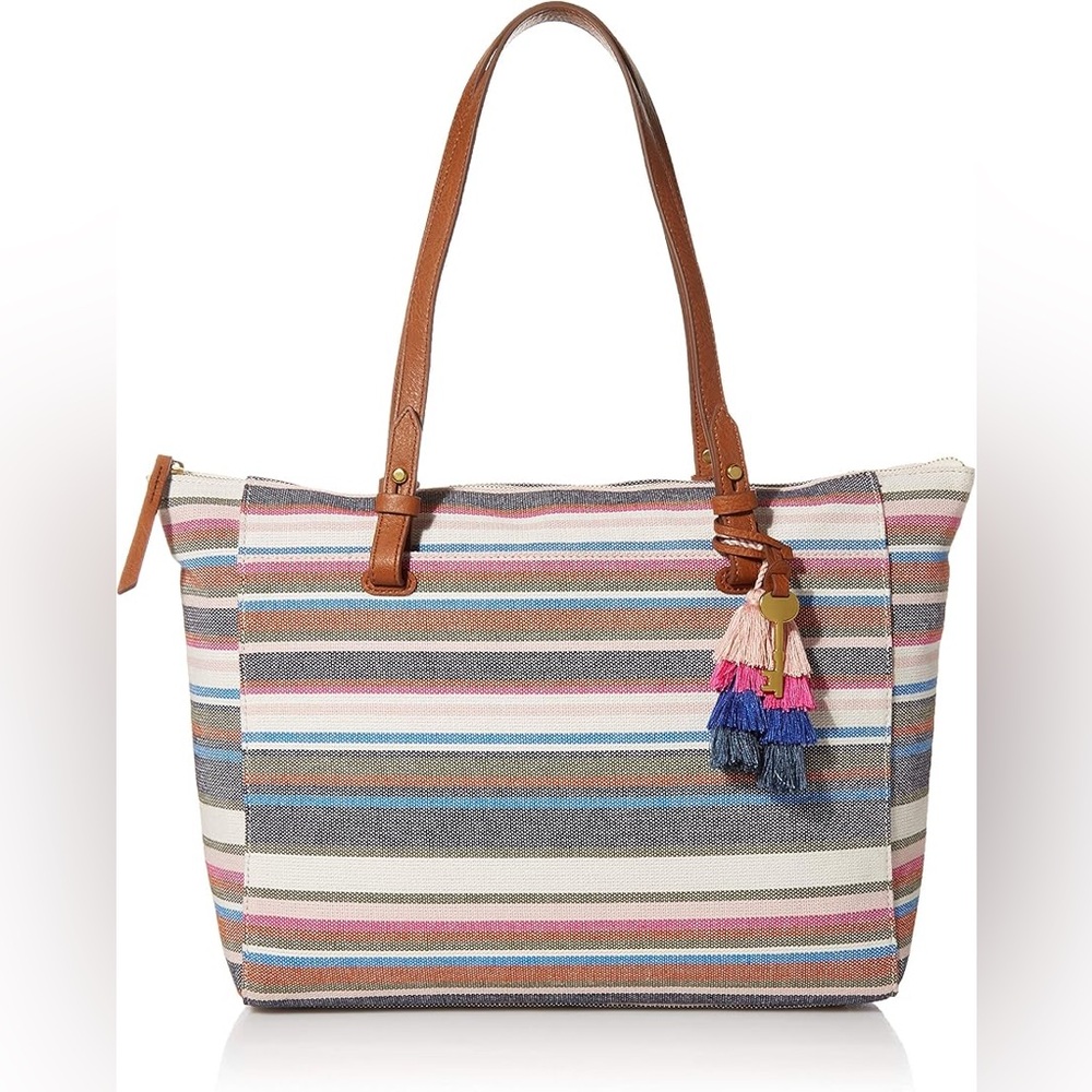 Fossil Rachel Tote Stripe Canvas Bag Boho Beach Tassels